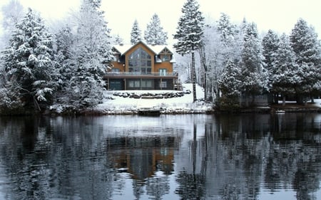 Lake Louisa - house, trees, snow, lake, icy