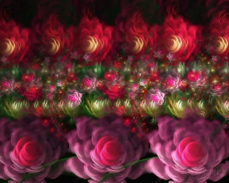 Roses - abstract, red, green, rose, texture, flower, pink