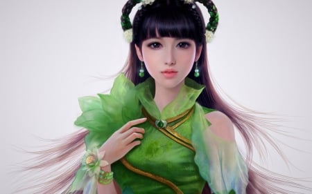 Princess - ruoxin zhang, girl, jewel, frumusete, fantasy, hand, green, princess, emerald, asian, luminos