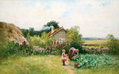 :-) - woman, countryside, mother, child, copil, painting, johan severin nilson, art, house, garden