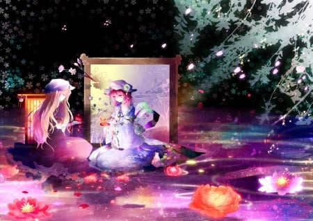 :-) - lake, couple, girl, night, water, kazu, lotus, pink, anime, manga, flower