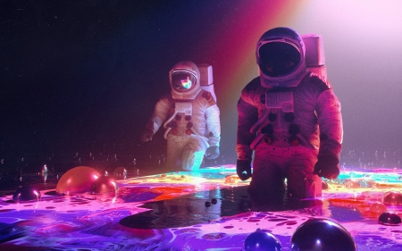 Astronauts - synthpop, fantasy, water, blue, pink, astronaut, luminos