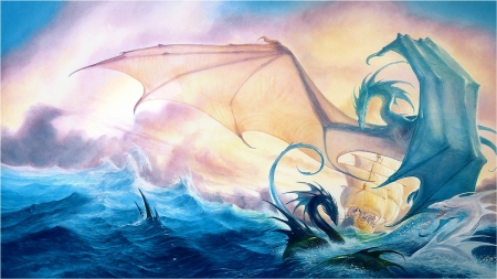 Dragons - summer, pink, ship, blue, wings, fantasy, dragon, sea, vara