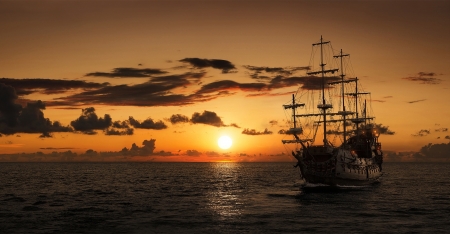 Sunset - sunset, summer, ship, cloud, sea, silhouette, orange, vara