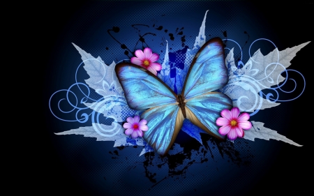 Butterfly - summer, blue, fluture, butterfly, flower, pink, vara, luminos