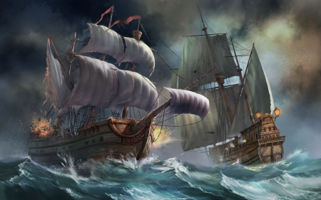 Ships - summer, fantasy, storm, water, ship, sea, vara