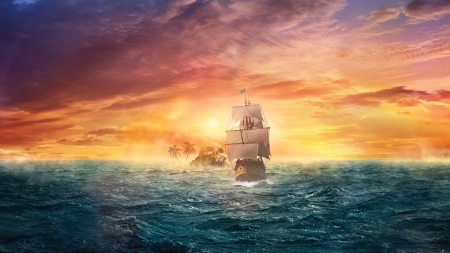 Sunset - summer, ship, blue, fantasy, island, orange, sunset, sea, luminos, vara