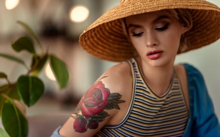 Beauty - tattoo, woman, hat, girl, red, rose, model