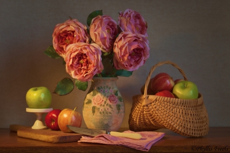 Still life - flowers, vase, basket, apples