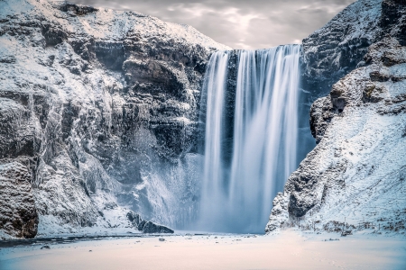 Skogafoss Waterfall in the Winter, Iceland - nature, iceland, waterfall, snow