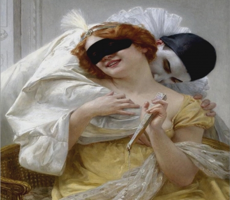 Embrace - women, mask, joker, bite, ball, white, painting, yellow, man