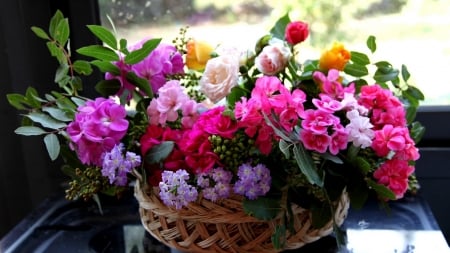 Many Flowers - nature, many, roses, composition, different, flowers, basket