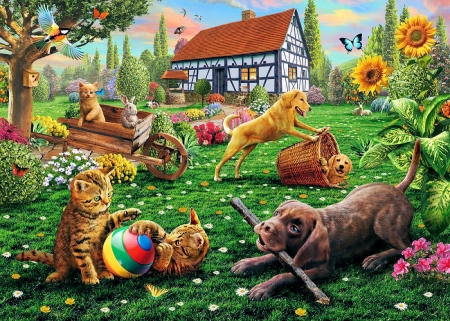 Cats and Dogs at Play - cottage, animals, kitten, painting, lawn, artwork, house, flowers, garden, puppies