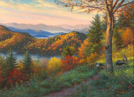 Newfound Memories - tennessee, trees, artwork, colors, leaves, turkeys, autumn, painting, smoky mountains