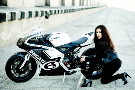 white ducati - brunette, girl, motorcycle, ducati