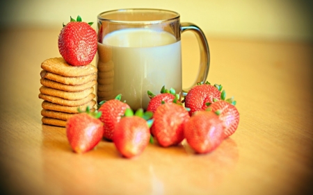 Cookies Milk And Berries - berries, strawberries, milk, cookies