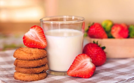 Strawberries Cookies And Milk - white, brown, milk, strawberries, red, cookies