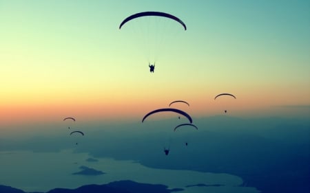 Paragliding at Sunset - serenity, paragliders, sunset, sky