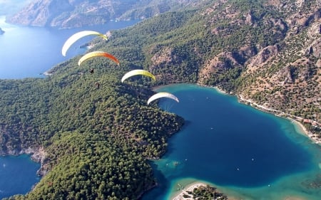 Paragliding - paragliders, landscape, aerial, water, earth