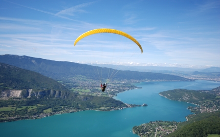 Over the Lake - landscape, lake, paraglider, nature