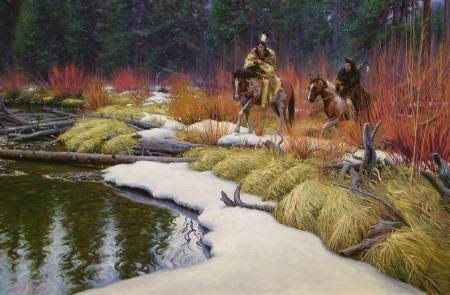 Across the River - horses, painting, snow, winter, natives