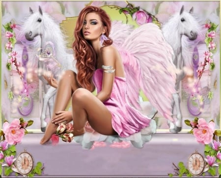 ANGEL - white, horses, angel, female, pink, wings, flowers