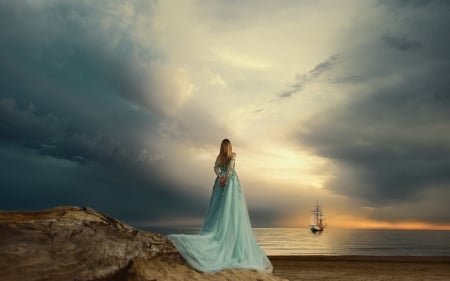 :-) - woman, vara, girl, summer, renat khismatulin, model, ship, blue, sea, dress