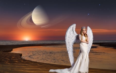 Angel - woman, moon, angel, girl, wings, renat khismatulin, model, white, planet, dress