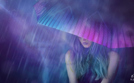 :-) - blazgad, girl, luminos, pink, rain, blue, umbrella, fantasy