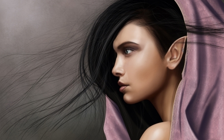 Elf girl - elf, girl, pink, profile, hood, brunette, fantasy