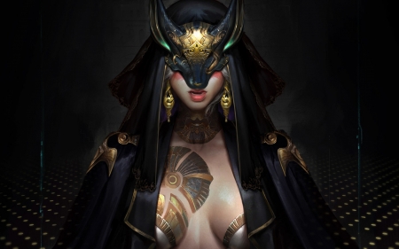 Fantasy girl - fantasy, mask, dark, girl, fox