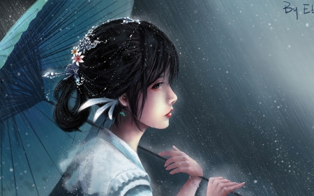 :-) - fantasy, rain, luminos, girl, umbrella, asian