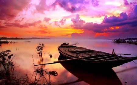 Rocking boat - nature, sky, beach, clouds, sunset, boat