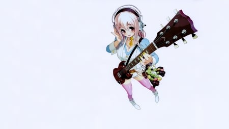 Sonico Blushing - guitar, blushing, long hair, pink hair, anime girl, big eyes, red eyes, yellow nails, anime rocker, headphones, anime, super sonico, smile, teddy bear, pink leggings