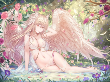 Angel - angel, girl, water, wings, frumusete, fantasy, pink, luminos, anime, manga, flower