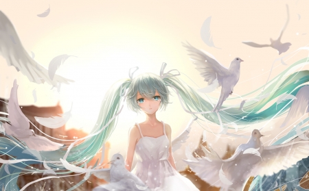 Whispers of the Heart - sky, tears, wallace, sun, music, white ribbon, amazing, pretty, anime, miku, cute, birds, hatsune miku, pig tails, feathers, girl, sad, light, blue eyes, long hair, white dress, crying, lovely, hatsune, lonely, vocaloid, beautiful, sweet