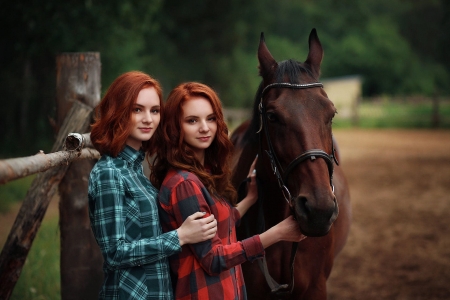 Redheads Rule The Ranch . . - women, fence, female, cowgirl, outdoors, western, horses, ranch, redheads, sisters