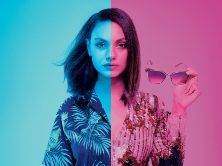 The spy who dumped me 2018 - Mila Kunis, poster, blue, girl, pink, actress, movie, the spy who dumped me, sunglasses