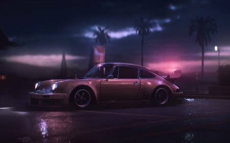 :-) - palm tree, night, fantasy, car, luminos, pink, blue, synthpop, porsche, retro