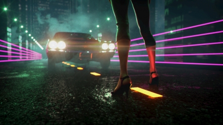 :-) - synthpop, johnleepee, fantasy, car, legs, night, light, luminos