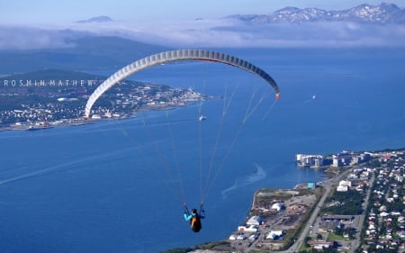 Over the Lake - paraglider, mountains, lake, town