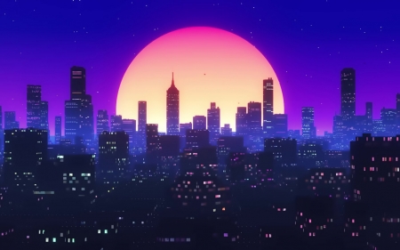 :-) - moon, blue, city, night, pink, synthpop, fantasy, luminos, luna