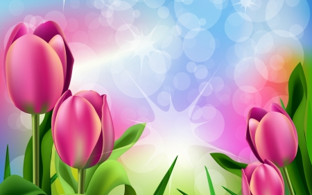 Tulips - bokeh, blue, vector, spring, flower, pink, tulip, green, card