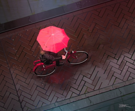 Biker - robin har, fantasy, umbrella, view from the top, biker, art, pink, luminos