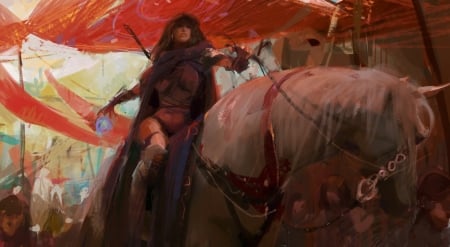 Riding - fantasy, red, girl, art, horse, huang fan