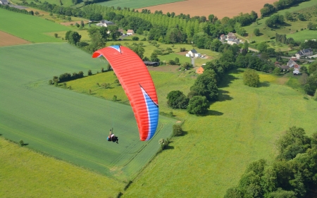 Paragliding over Fields - aerial, paraglider, landscape, fields, rural