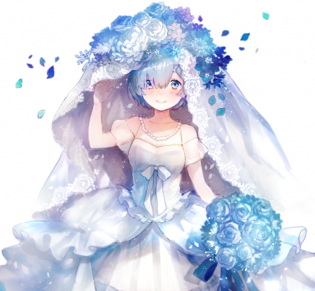 Bride In Blue - Cute, Wedding, Sweet, White Dress, Smile, Lovely, Anime, Happy, Beauty, Blue Roses, White Necklace, Blue Hair, White Veil, Blush, Blue Ribbon, White Ribbon, Beautiful, White Roses, Bride, Pretty, Rem, Re Zero Kara Hajimeru Isekai Seikatsu, Petals, Blue Eyes, Blue, Girl, Blue Petals, Re Zero, Wedding Dress