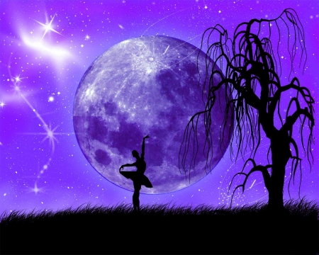 Ballet Under The Moon - moon, stars, tree, sky