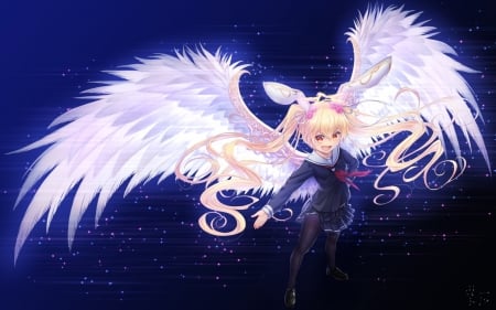 Angel - angel, girl, wings, bunny, ears, pink, blue, anime, feather, manga