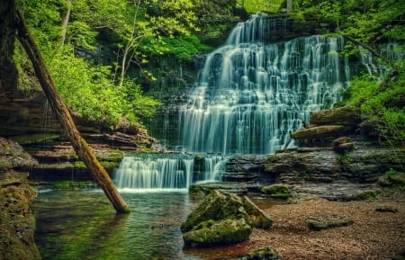 Forest waterfall - trees, cascades, forest, beautiful, stones, waterfall